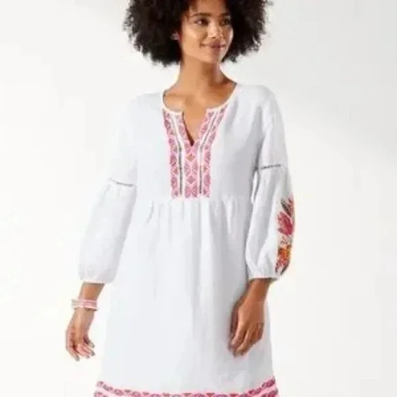 Tommy Bahama | Dresses | Tommy Bahama St Lucia Linenblend Tropical  Embroidered Splitneck Dress Sz L | Poshmark